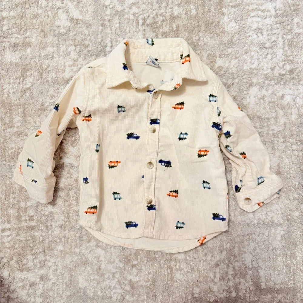 Old Navy Kids Beige Cotton Button Down Corduroy Shirt with  Car Pattern -6-12M